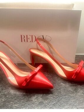 Rosenthal Red Pointed-Toe Slingback Heels with Bow